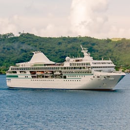 A small cruise ship near a tropical port at dusk - image